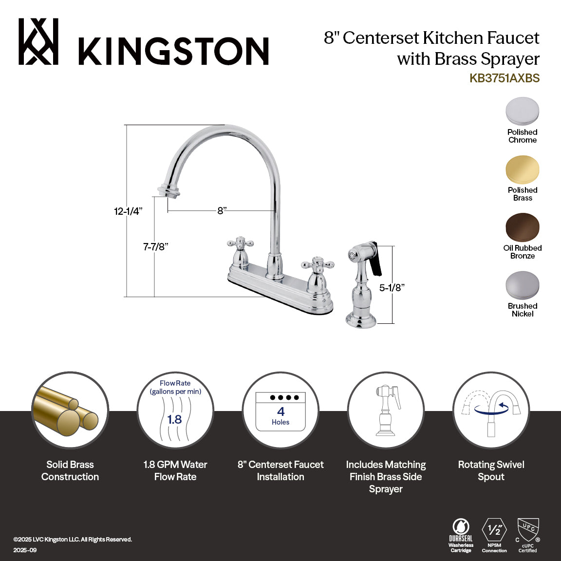 Kingston Heirloom KB3751AXBS - Restoration Two-Handle 4-Hole 8" Centerset Kitchen Faucet with Brass Sprayer, Polished Chrome — thumbnail 2